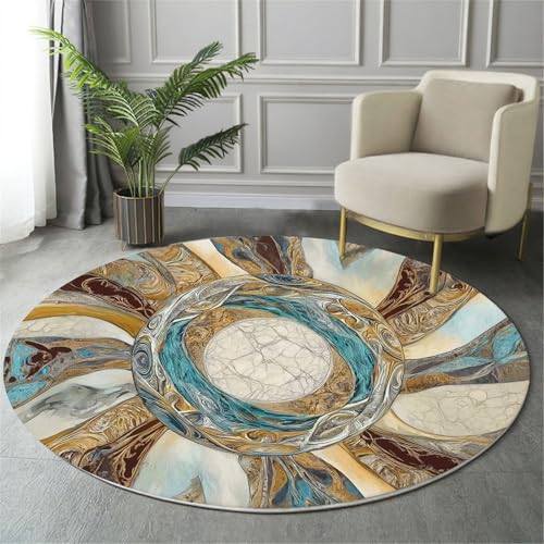 GDJSMIN Waschbarer Teppich Rund 100Cm Ovales Mandala Teppiche Schlafzimmer - Waschbarer Kurzflor-Runder Teppich Mit Rutschfester Unterseite Für Esszimmer & Sund Kinderzimmer Braun von GDJSMIN