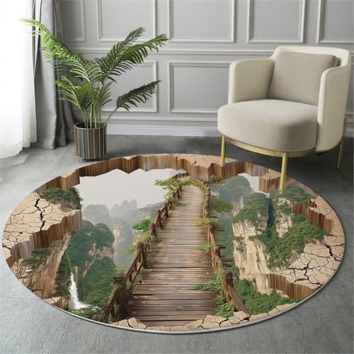 GDJSMIN Waschbarer Teppich Rund 100Cm Realistische Höhle Holzbrücke Teppiche Schlafzimmer - Waschbarer Kurzflor-Runder Teppich Mit Rutschfester Unterseite Für Esszimmer & Sund Kinderzimmer Braun von GDJSMIN