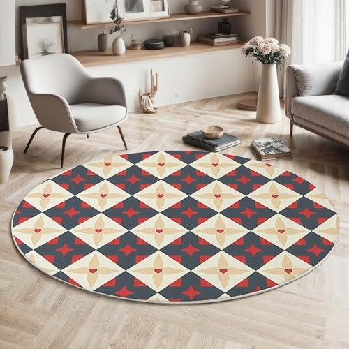GDJSMIN Waschbarer Teppich Rund 140Cm Diamantgitter-Design Teppiche Schlafzimmer - Waschbarer Kurzflor-Runder Teppich Mit Rutschfester Unterseite Für Esszimmer & Sund Kinderzimmer Rot von GDJSMIN