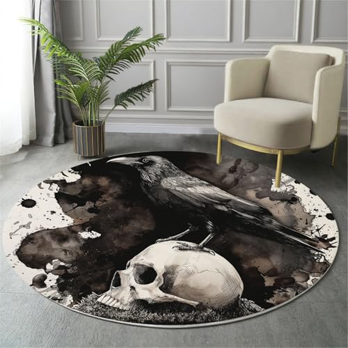 GDJSMIN Waschbarer Teppich Rund 140Cm Krähe Uralter Schädel Teppiche Schlafzimmer - Waschbarer Kurzflor-Runder Teppich Mit Rutschfester Unterseite Für Esszimmer & Sund Kinderzimmer Bräunen von GDJSMIN