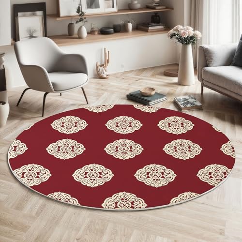 GDJSMIN Waschbarer Teppich Rund 180Cm Indisches Mandala-Muster Teppiche Schlafzimmer - Waschbarer Kurzflor-Runder Teppich Mit Rutschfester Unterseite Für Esszimmer & Sund Kinderzimmer Rotwein von GDJSMIN