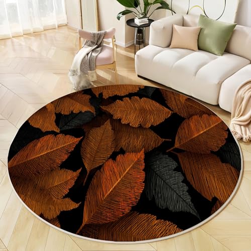 GDJSMIN Waschbarer Teppich Rund 200Cm Pflanzenblatt-Design Teppiche Schlafzimmer - Waschbarer Kurzflor-Runder Teppich Mit Rutschfester Unterseite Für Esszimmer & Sund Kinderzimmer Dunkelorange von GDJSMIN