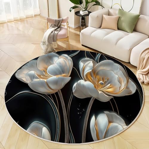 GDJSMIN Waschbarer Teppich Rund 200Cm Weiße Tulpenblätter Teppiche Schlafzimmer - Waschbarer Kurzflor-Runder Teppich Mit Rutschfester Unterseite Für Esszimmer & Sund Kinderzimmer Schwarz GDJSMIN Waschbarer Teppich Rund 200Cm Weiße Tulpenblätter Teppiche Schlafzimmer - Waschbarer Kurzflor-Runder Teppich Mit Rutschfester Unterseite Für Esszimmer & Sund Kinderzimmer Schwarz von GDJSMIN