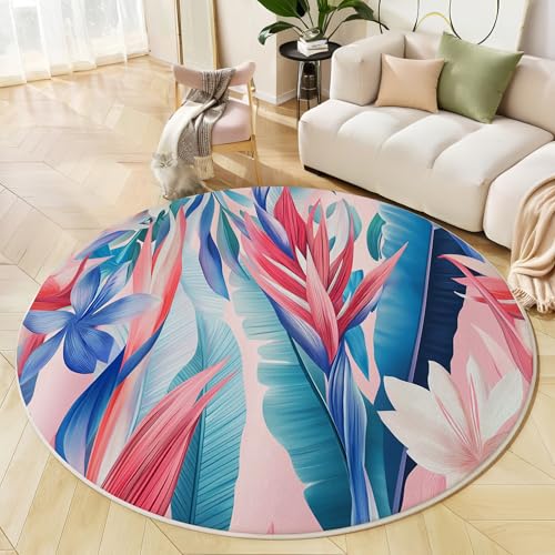GDJSMIN Waschbarer Teppich Rund 60Cm Blattstruktur Teppiche Schlafzimmer - Waschbarer Kurzflor-Runder Teppich Mit Rutschfester Unterseite Für Esszimmer & Sund Kinderzimmer Blau von GDJSMIN