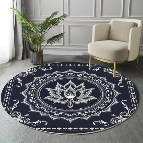 GDJSMIN Waschbarer Teppich Rund 60Cm Lotusblüten-Designs Teppiche Schlafzimmer - Waschbarer Kurzflor-Runder Teppich Mit Rutschfester Unterseite Für Esszimmer & Sund Kinderzimmer Dunkelblau von GDJSMIN