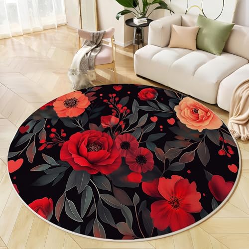 GDJSMIN Waschbarer Teppich Rund 60Cm Pfingstrosen-Blumenmuster Teppiche Schlafzimmer - Waschbarer Kurzflor-Runder Teppich Mit Rutschfester Unterseite Für Esszimmer & Sund Kinderzimmer Tiefrot von GDJSMIN