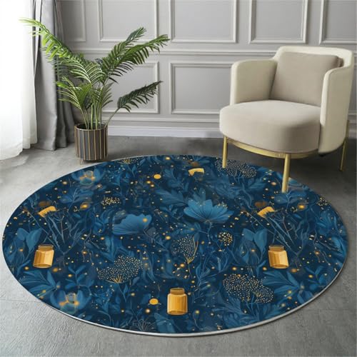 GDJSMIN Waschbarer Teppich Rund 80Cm Pflanzenblätter Glühwürmchen-Design Teppiche Schlafzimmer - Waschbarer Kurzflor-Runder Teppich Mit Rutschfester Unterseite Für Esszimmer & Sund Kinderzimmer Blau von GDJSMIN