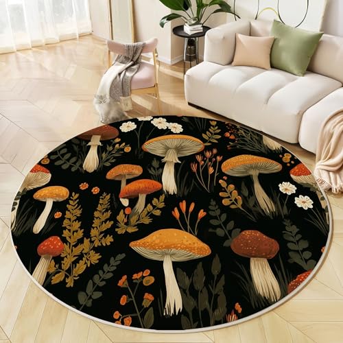 GDJSMIN Waschbarer Teppich Rund 80Cm Pilzblattmuster Teppiche Schlafzimmer - Waschbarer Kurzflor-Runder Teppich Mit Rutschfester Unterseite Für Esszimmer & Sund Kinderzimmer Braun-Schwarz von GDJSMIN