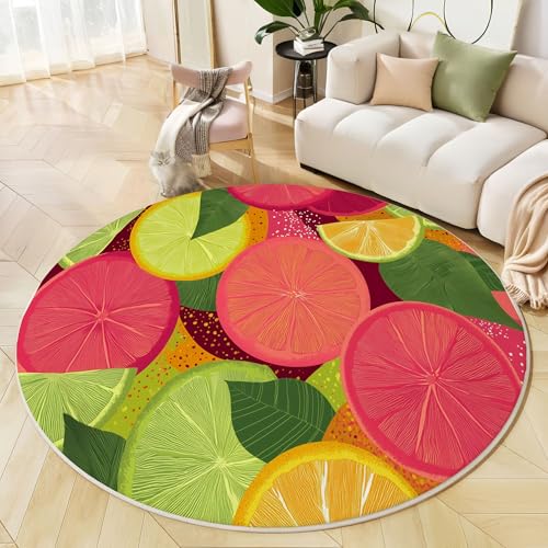 GDJSMIN Waschbarer Teppich Rund 80Cm Zitrusscheibenmuster Teppiche Schlafzimmer - Waschbarer Kurzflor-Runder Teppich Mit Rutschfester Unterseite Für Esszimmer & Sund Kinderzimmer Korallenrosa von GDJSMIN