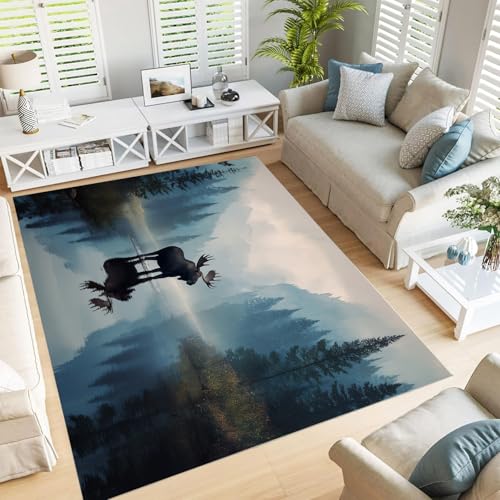 GDJSMIN Waschbarer Teppich Wohnzimmer,Fantasiewald Teppich Schlafzimmer Kurzflor,See Elch Groß Teppiche rutschfest Weiche Für Badezimmer Esszimmer Flur,150×210Cm,Hellblau von GDJSMIN
