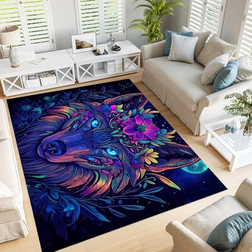 GDJSMIN Waschbarer Teppich Wohnzimmer,Realistische Tierillustration Teppich Schlafzimmer Kurzflor,Wolfsgesicht Blumen Groß Teppiche rutschfest Weiche Für Badezimmer Esszimmer Flur,180×270Cm,Blau GDJSMIN Waschbarer Teppich Wohnzimmer,Realistische Tierillustration Teppich Schlafzimmer Kurzflor,Wolfsgesicht Blumen Groß Teppiche rutschfest Weiche Für Badezimmer Esszimmer Flur,180×270Cm,Blau von GDJSMIN