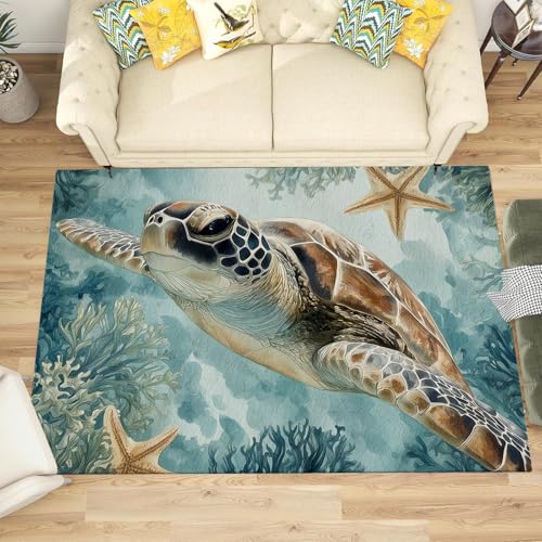 GDJSMIN Waschbarer Teppich Wohnzimmer,Tierillustrationsstil Teppich Schlafzimmer Kurzflor,Schildkröte Seestern Groß Teppiche rutschfest Weiche Für Badezimmer Esszimmer Flur,60×90Cm,Türkis von GDJSMIN