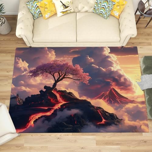 GDJSMIN Wohnzimmer Teppich, Sakura-Bäume Vulkanrand Schlafzimmer Bettvorleger, 200 x 300cm Moderner zottelig flauschig weich Teppiche für Kinderzimmer Anti-Rutsch Unterseite waschbarer Teppich von GDJSMIN