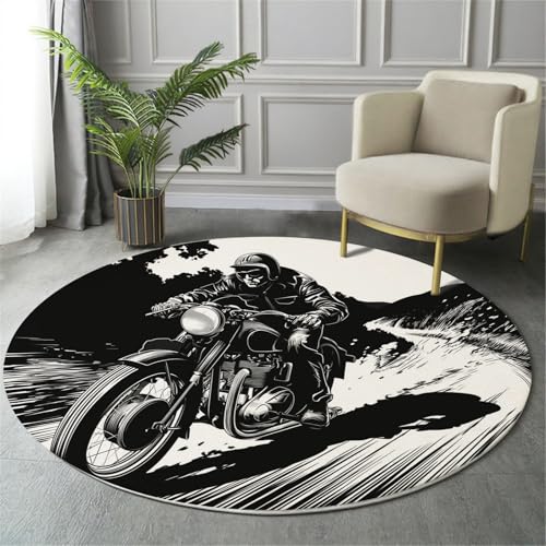 Künstlerischer Stil Maschinenwaschbarer Runder Teppich–Weich Pflegeleicht Mit Vintage-Motorradfahrer-Illustration Print-Muster, Anti-Rutsch Teppich Für Wohnzimmer Und Küche,140Cm,Schwarz Und Weiß von GDJSMIN