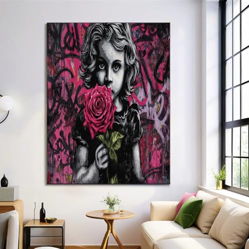 Leinwandbilder, Leinwanddruck Bilder 60×80 cm, Urban Graffiti Street Art Wandbilder Kunstdruck Wand Dekoration für Wohnzimmer Schlafzimmer Esszimmer Home Büro - Mädchen Hält Ein Rosenmuster von GDJSMIN