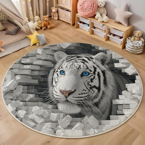 Realistische Rissige Ziegelwand Teppich Rund 180Cm Wildtier Weiße Tiger-Illustration Rutschfest Teppiche Wohnzimmer Waschbar Rund Teppiche Kurzflor Weich Runder Teppich Weiß For Schlafzimmer Studie von GDJSMIN