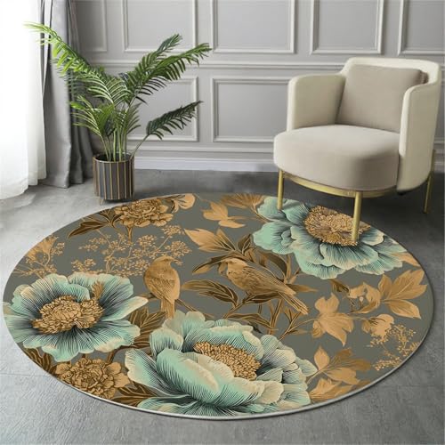 Rund Teppiche Wohnzimmer Goldfolie Pfingstrosen Fliegende Vögel Taupe 80Cm - Küche Jugendzimmer Esszimmer Flur Und Schlafzimmer Kurzflor Teppich Gegend Extra Weich Pflegeleicht von GDJSMIN