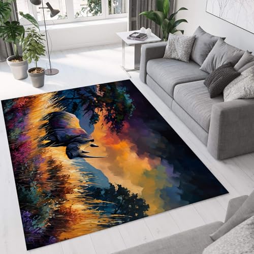 Sonnenuntergangsszene Im Grasland Teppich - Rutschfester Waschbarer Ultraweicher Majestätisches Nashorn Niedriger Flor Flächenteppich Für Wohnzimmer,Schlafzimmer, Kinderzimmer - 120×180Cm,Orange Farbe Sonnenuntergangsszene Im Grasland Teppich - Rutschfester Waschbarer Ultraweicher Majestätisches Nashorn Niedriger Flor Flächenteppich Für Wohnzimmer,Schlafzimmer, Kinderzimmer - 120×180Cm,Orange Farbe von GDJSMIN