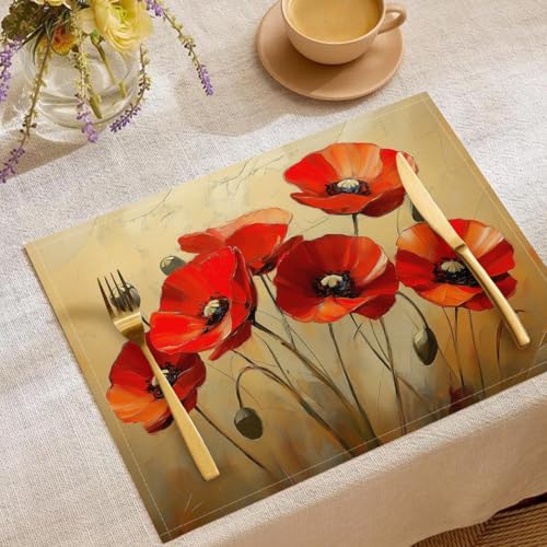 Tischset 2Er Set, Tischsets Abwaschbar 45X30Cm, Platzset Waschmaschinenfest Pflanzen Und Blumen Stoff, Rote Mohnblumen Baumwolle Leinen Tischsets Platzsets Für Tisch, Küche, Essen von GDJSMIN