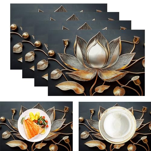 Tischset 8Er Set, Tischsets Abwaschbar 45X30Cm, Platzset Waschmaschinenfest Abstrakte Blumen Stoff, Luxuriöser Lotus Baumwolle Leinen Tischsets Platzsets Für Tisch, Küche, Essen von GDJSMIN