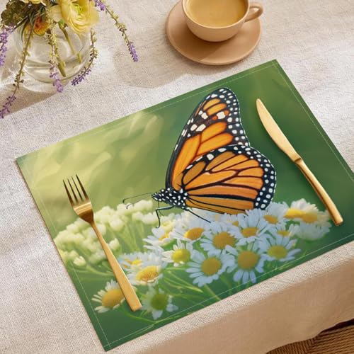 Tischsets Aus Baumwoll-Leinen-Mischgewebe Für Esstisch, Pflanze Gänseblümchen Waschbar Bauernhaus-Küchenmatten Für Drinnen Und Draußen, Leicht Zu Reinigen, 45X30Cm, Monarchfalter von GDJSMIN