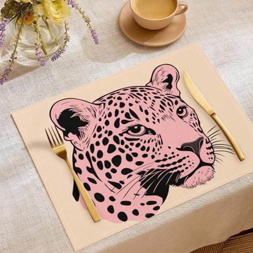 Tischsets Platzsets Stoff,Tischset Cartoon-Stil, 6Er Set Platzsets Abwaschbar,Rosa Leopardenmuster Baumwolle Leinen Tischsets Stoff Für Partys,Küche Deko Tisch (45X30Cm) von GDJSMIN