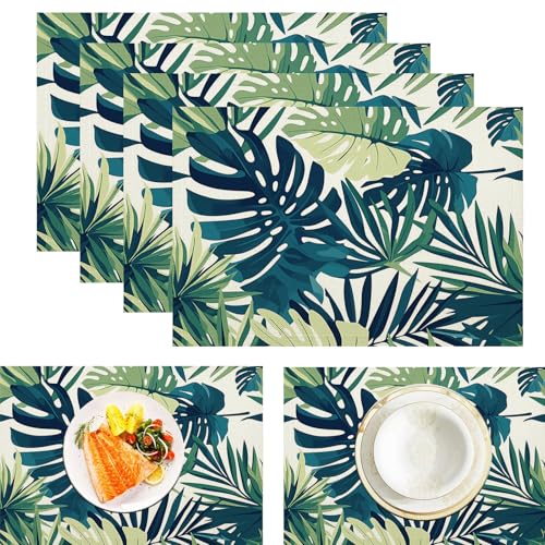 Tischsets Platzsets Stoff,Tischset Tropische Blätter, 4Er Set Platzsets Abwaschbar,Palmenblätter Baumwolle Leinen Tischsets Stoff Für Partys,Küche Deko Tisch (45X30Cm) von GDJSMIN