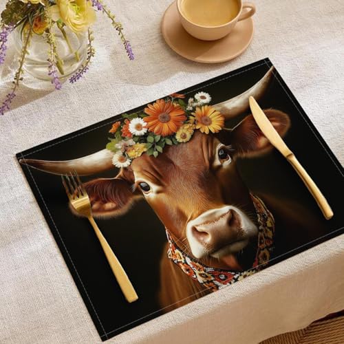 Tischsets Platzsets Stoff,Tischset Wildtiere, 2Er Set Platzsets Abwaschbar,Braune Kuh Baumwolle Leinen Tischsets Stoff Für Partys,Küche Deko Tisch (45X30Cm) von GDJSMIN