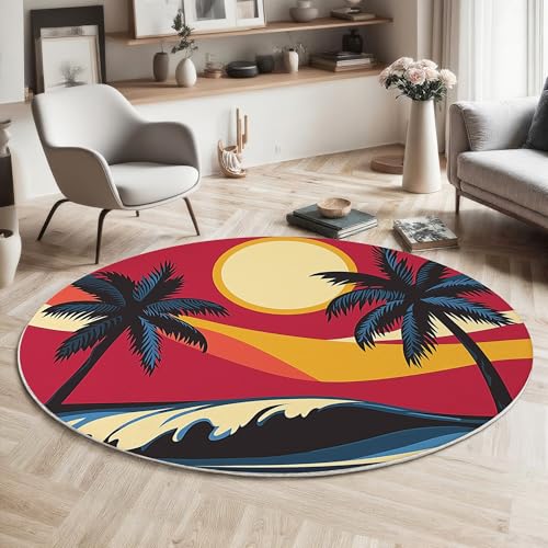 Tropisches Sonnenuntergangsdesign Maschinenwaschbarer Runder Teppich–Weich Pflegeleicht Mit Palmen Meereswellen-Illustration Print-Muster, Anti-Rutsch Teppich Für Wohnzimmer Und Küche,60Cm,Rot von GDJSMIN
