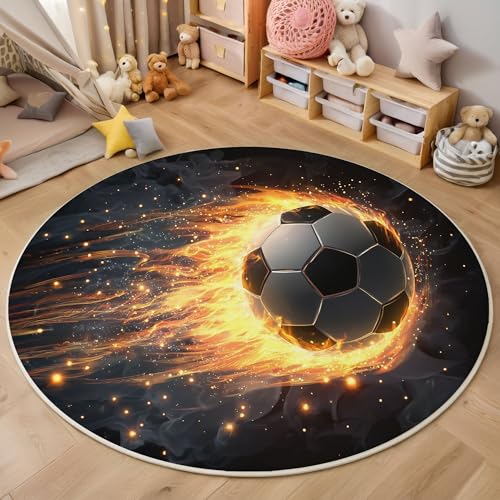 Waschbarer Teppich Rund 80Cm Flammenfußball-Illustration Teppiche Schlafzimmer - Waschbarer Kurzflor-Runder Teppich Mit Rutschfester Unterseite Für Esszimmer & Sund Kinderzimmer Schwarz Und Weiß von GDJSMIN