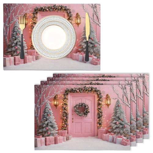 rosa Weihnachtstür Platzsets 6er Set, 30x45cm Couchtisch Urlaub Girlandenlaterne Tischsets Herbst Waschbar Platzdeckchen Küche Party Deko Baumwolle Leinen Tischsets von GDJSMIN