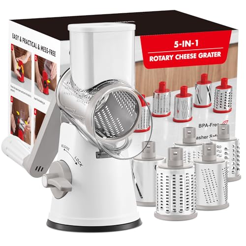 GDL Käsereibe mit Kurbel, Aktualisiert Reibe für Gemüse mit 5 Trommelblättern, Trommelreibe Gemüseschneider Einfach und Schnell, Gemüsehobel Ice Crusher für Käse, Eis, Nuss, Gurke, Karotte, Grau von GDL