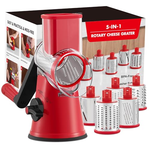 GDL Käsereibe mit Kurbel, Aktualisiert Reibe für Gemüse mit 5 Trommelblättern, Trommelreibe Gemüseschneider Einfach und Schnell, Gemüsehobel Ice Crusher für Käse, Eis, Nuss, Gurke, Karotte, Rot von GDL