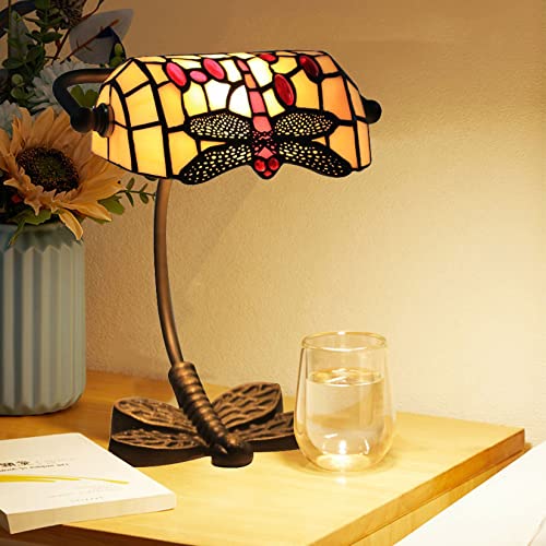 GDLight (7 Produktvarianten) Tiffany Stil Libelle Bankers Lampe Buntglas Nachtlichter Vintage Tischlampe für Kinder Schlafzimmer Wohnzimmer Cafe Bar, W8 H10,A von GDLight