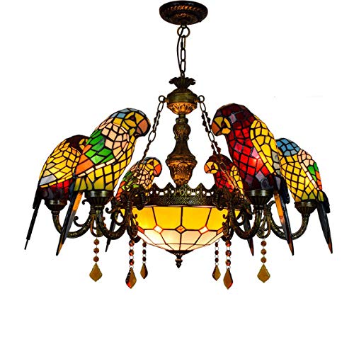 GDLight Papagei Tiffany Stil Kronleuchter 6 Köpfe Amerikanischen Pastoralen Glasmalerei Deckenleuchten Wohnzimmer Esszimmer Villa Pendelleuchte von GDLight