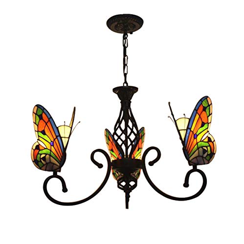 GDLight Tiffany-Art-3-Arme Schmetterlinge Kronleuchter Pastoral Handgefertigte Glasmalerei Hängeleuchten Verstellbare Deckenbeleuchtungskörper für Schlafzimmer Wohnzimmer Cafe Bar, E27 von GDLight