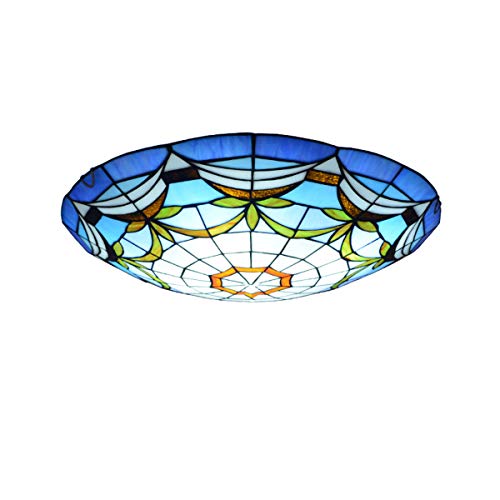 GDLight Tiffany-Stil Deckenleuchten Mediterranean Blue Flush Mount Deckenlampe Vintage-Handgemachte Buntglasdeckenleuchte für Schlafzimmer Wohnzimmer Study, E27,40cm von GDLight
