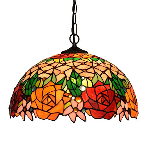 GDLight Tiffany Stil Pendelleuchte, Garten Rose Kunst Glasmalerei Kronleuchter 40 cm Deckenleuchte für Schlafzimmer Küche Dekoration E27,40W von GDLight