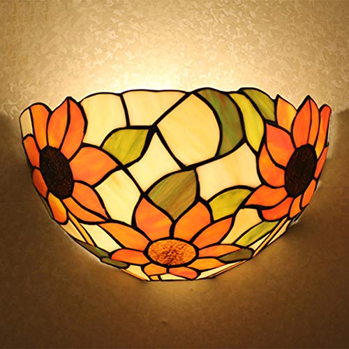 GDLight Tiffany-Stil Sonnenblume Wandlampe & Wandleuchte, Vintage Pastoral Glasmalerei Klassische halbe Wandleuchte für Schlafzimmer Nacht Korridor Balkon, 12 Zoll von GDLight