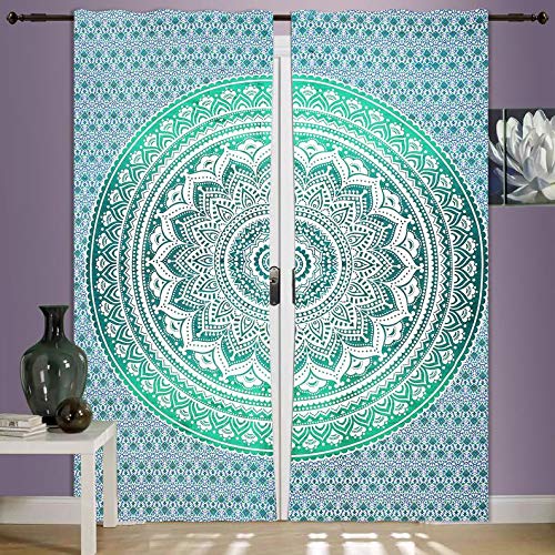 GDONLINE Mandala-Vorhänge mit grünem Ombre-Mandala-Motiv, handgefertigt, Baumwolle, für Fenster, Tür, Dekoration, Balkon, Wandpaneel, indische Mandala-Vorhänge, 203 x 68 cm, Doppelgröße von GDONLINE