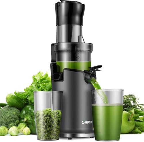 GDOR Slow Juicer Entsafter für Gemüse und Obst mit 90mm XL Einfüllöffnung, Hohe Saftausbeute Entsafter, Leise & BPA-frei, Einfach zu Reinigen, Elektrische Saftpresse mit 2 Gläsern & Bürste, 200W von GDOR