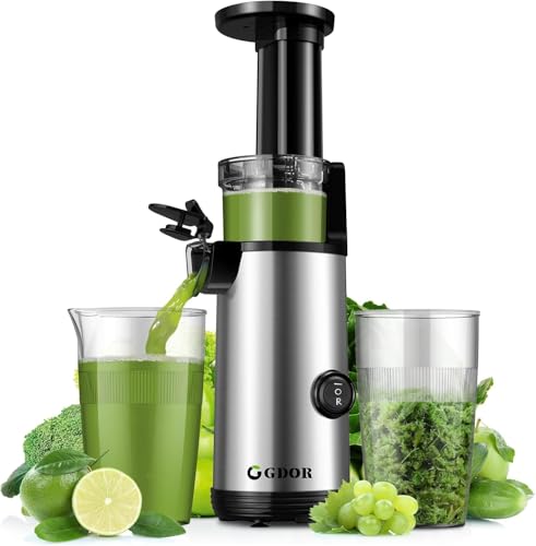 GDOR Kompakt Entsafter Leistungsstark Slow Juicer Leicht zu Reinigen Entsafter Gemüse und Obst Geräuscharm Juicer Machine, Hohe Saftausbeute, 600ml, Bürste Inklusive, BPA-frei von GDOR
