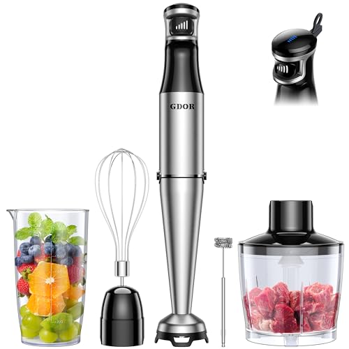 GDOR 1100W Pürierstab, 5 In 1 Stabmixer Edelstahl, Stufenlos Geschwindigkeitseinstellung Hand Blender Mit 2 Schneebesen, 800ml Messbecher, 600ml Häcksler von GDOR