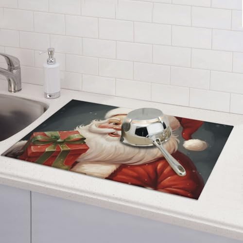 Abtropfmatte mit Weihnachtsmann mit Box, saugfähige Mikrofaser, wendbar, waschbar, Geschirrabtropfmatte, 45,7 x 61 cm, für Zuhause, Küche, Esszimmer, Büro von GDSHJKLW