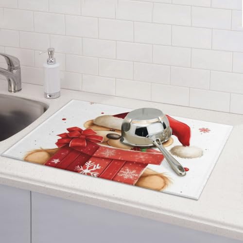 Abtropfmatte mit Weihnachtsmannmütze, Geschenk und Frohe Weihnachten, saugfähige Mikrofaser, wendbar, waschbar, Geschirrabtropfmatte, 45,7 x 61 cm, für Zuhause, Küche, Esszimmer, Büro von GDSHJKLW