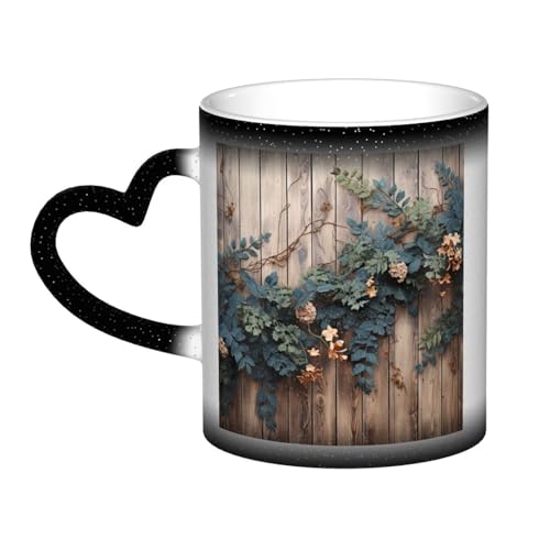 GDSHJKLW Kaffeetasse aus Keramik, 325 ml, Farbwechsel, personalisierbar, Kaffeetasse, Teetasse, Blätter, Blumen auf rustikalem Holz, coole Kaffeetassen für Männer und Frauen, lustiges Geschenk von GDSHJKLW