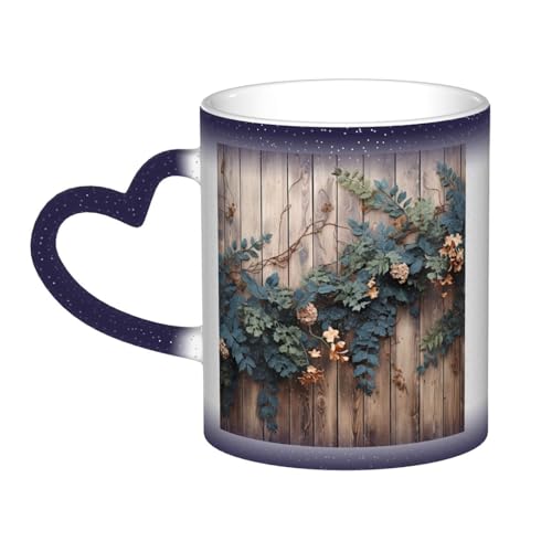 GDSHJKLW Kaffeetasse aus Keramik, 325 ml, Farbwechsel, personalisierbar, Kaffeetasse, Teetasse, Blätter, Blumen auf rustikalem Holz, coole Kaffeetassen für Männer und Frauen, lustiges Geschenk von GDSHJKLW