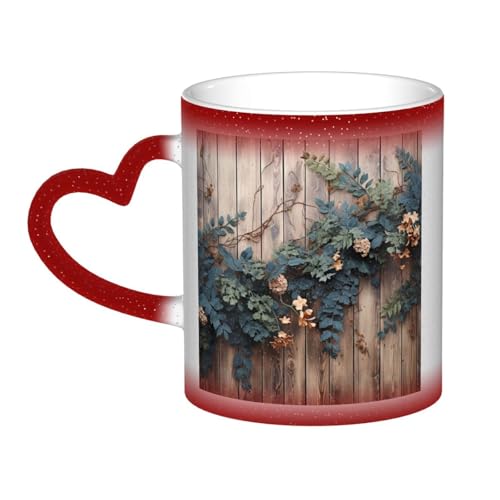 GDSHJKLW Kaffeetasse aus Keramik, 325 ml, Farbwechsel, personalisierbar, Kaffeetasse, Teetasse, Blätter, Blumen auf rustikalem Holz, coole Kaffeetassen für Männer und Frauen, lustiges Geschenk von GDSHJKLW