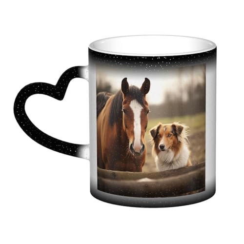 GDSHJKLW Kaffeetasse aus Keramik, 325 ml, Farbwechsel, personalisierbar, Kaffeetasse, Teetasse, Collie, Hund und Pferd zusammen, coole Kaffeetasse für Männer und Frauen, lustiges Geschenk von GDSHJKLW