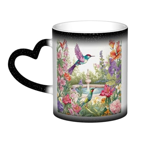 GDSHJKLW Kaffeetasse aus Keramik, 325 ml, Farbwechsel, personalisierbar, Kaffeetasse, Teetasse, Garten, mit Vögeln und Blumen, coole Kaffeetassen für Männer und Frauen, lustiges Geschenk von GDSHJKLW
